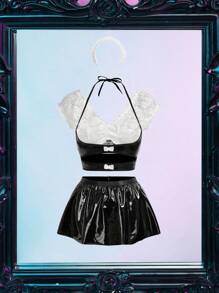 SHEIN Bộ đồ lót ren nơ tương phản 5 món cho nữ gồm áo hai dây và váy ngắn - Đen và trắng - Xem 3