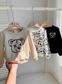 SHEIN 3pcs/Set Baby Boys Thermal Lined Sweatshirts, Cute Bear Pattern Crew Neck Long Sleeve Knit Tops, Comfortable Casual Versatile Outfit Set, Suitable For Indoor, Outdoor, Daily Wear, Sports, Play, Party Back To School, Streetwear, Tracksuit, Halloween, Spring/Summer/Autumn/Winter Fall