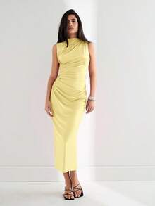 Maija Women's Sleeveless Stand Collar Asymmetric Ruched Design Dress, Urban Commute Business Casual Office Wear, Elegant Teacher Outfit, Suitable For Halloween, Christmas, Party - Yellow - View 2