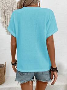 SHEIN PETITE Women Notched Neck Solid Color Textured Batwing Sleeve T-Shirt For Summer - Blue - View 2