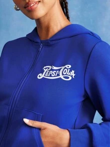 PEPSI X SHEIN Women Letter Graphic Hooded Zip Up Pocket Sweatshirt - Blue - View 5