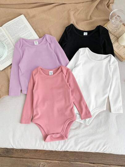 SHEIN LMoss Kids 4pcs LMoss Newborn Baby Girl Cute Knitted Solid Color Bodysuits Set, Fall/Winter Baby Long Sleeve Bodysuit