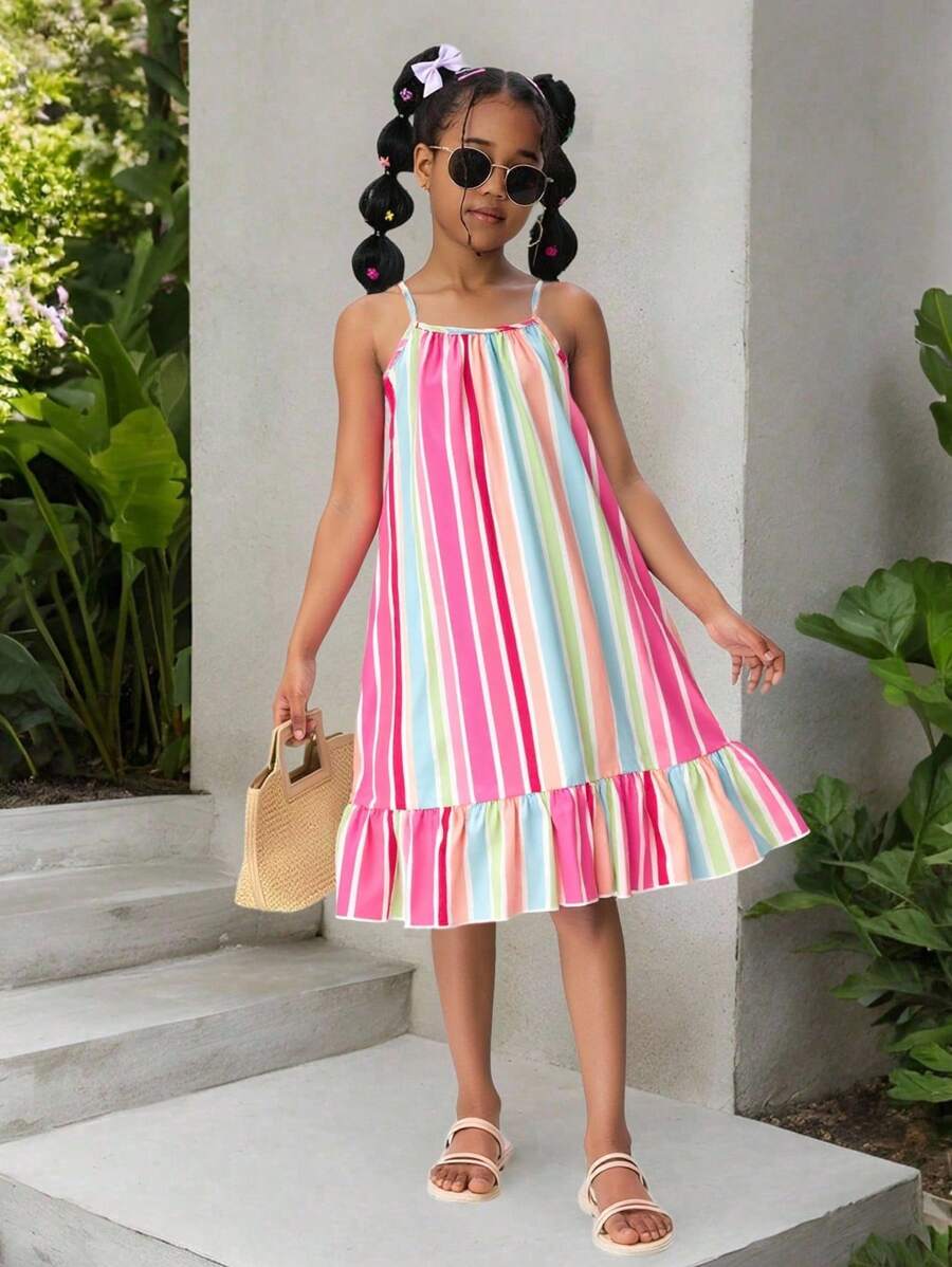 SHEIN Tween Girls Summer Casual Vacation Rainbow Striped Print Ruffled Hem Cami Dress - Multicolor - View 1
