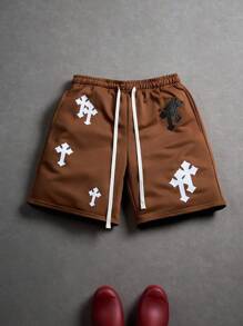 PAVTROS Men's Cross Print Drawstring Waist Pocket Casual Shorts - Coffee Brown - View 2