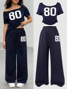 Sparklyn 少女数字印花短袖上衣和直筒裤休闲夏季两件套 - 藏蓝色 - 查看 1
