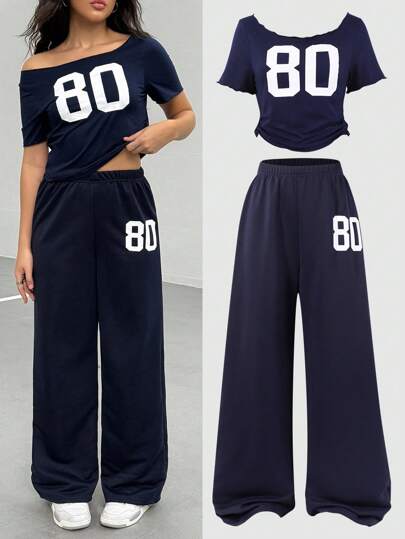 Sparklyn 少女数字印花短袖上衣和直筒裤休闲夏季两件套