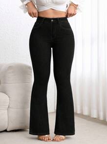 Flexra Plus Size High Waist Fitted Flare Leg Washed Dark Blue Jeans