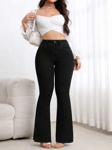 Flexra Plus Size High Waist Fitted Flare Leg Washed Dark Blue Jeans