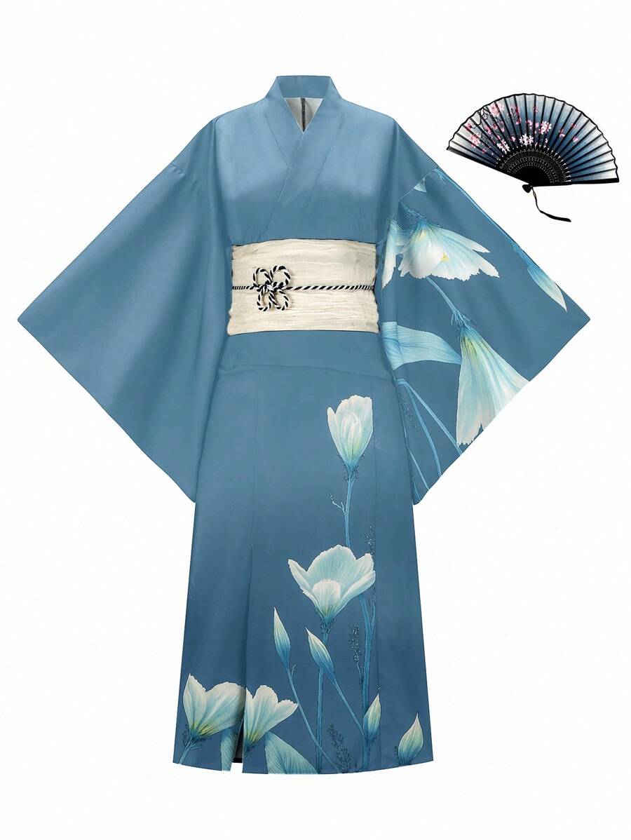 Irokai 日本女性印花传统和服浴衣，夏季节日 - 霧霾藍 - 查看 1