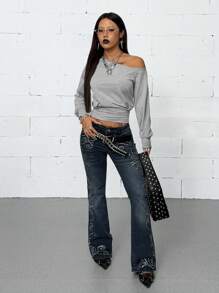 Coolane Women's Fall Y2K Streetwear Casual Going Out Minimalist Daily Wear Essentials Fashion Asymmetrical Neck Grey Fitted Sweatshirt - Grey - View 4