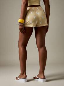 Missguided x Playboy 兔子印花抽绳慢跑短裤女式复古夏季家居服休闲裤时尚节日街头服饰美学 - 黃色 - 查看 2