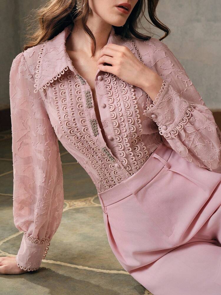 Ladies' Spring/Autumn Elegant Crystal Decor Jacquard Flower Applique Contrast Lace Lantern Sleeve Blouse