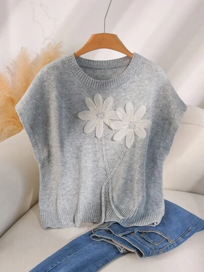 CosyJoli Suéter de punto gris sin mangas con cuello redondo y diseño floral 3D en el pecho para mujer talla grande, jersey informal adecuado para ir a trabajar y uso diario, nuevo lanzamiento 2025