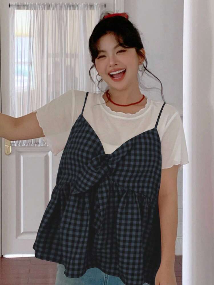 Dazy Plus Plus Size Solid Color Round Neck White Top With Plaid Strap, 2pcs Set