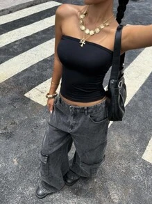 Muchica Quần ống rộng dáng rộng có túi hộp thường ngày dành cho nữ, đa năng - màu đen - Xem 4