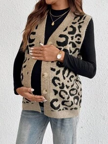 SHEIN 秋装，秋季服装，孕妇装秋季服装孕妇装女士单排扣 V 领豹纹针织背心，秋冬，无袖针织保暖针织上衣，撞色饰边，休闲日常穿着 - 彩色 - 查看 6