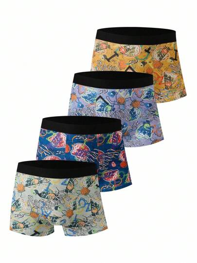 4pcs/Set Men's Floral Basketball Print Boxers