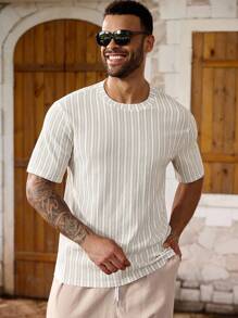 Manfinity Homme T-shirt casual da uomo taglia extra con scollo a girocollo, maniche corte e righe per l'estate - Albicocca - Visualizzare 3