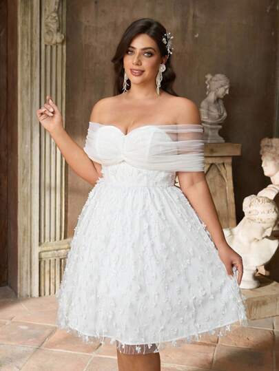 Aureia Plus Size Summer Elegant Romantic White Three-Dimensional 3D Flower One-Shoulder Gathered Shawl Sleeves Twisted Puffy A-Line Skirt Suitable For Dinner Bachelorette Party Dance Holiday Date Music Festival Graduation Season Back To School  Wedding Event Bride Gift Dress  Birthday Dresses For Women Wedding Guest Dress Elegant All White Party Outfit Women