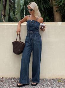 Livesso 女式夏季无袖口袋宽腿宽松牛仔连体裤 - 藍色 - 查看 4