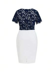 Ellevyn Đầm ren tương phản cổ tròn tay ngắn thanh lịch cho nữ cỡ lớn - Xanh và trắng - Xem 3