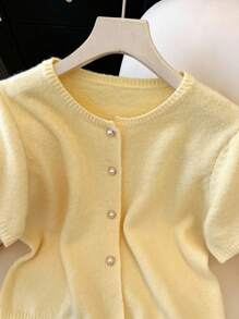Franclia 女士经典长款优雅简约百搭休闲短袖开衫毛衣，办公室穿着 - 黃色 - 查看 4