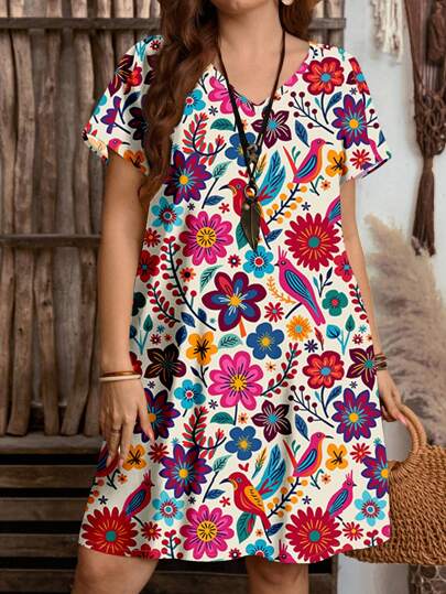 EMERY ROSE Vestido de mujer talla grande con escote en V y estampado floral sin mangas, de estilo vintage casual, apto para vacaciones, playa y uso diario, para verano