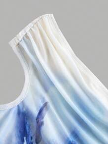 SHEIN MOD 女士优雅套装，蓝色印花上衣，不对称褶皱领口，蕾丝饰边鱼尾裙摆，新年夜装扮，波西米亚风，节日装扮，派对女士长裙，白色上衣，白色女士长裙