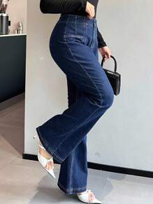 Dazy Plus 深洗蓝色弹力修身喇叭裤牛仔裤，适合全年穿着 - 深色水洗藍 - 查看 4