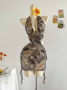 Soleia 女士性感迷你连衣裙，复古豹纹与斑马纹组合，V领，金属装饰吊带，腰部镂空，荷叶边下摆，适合派对、约会、下午茶、街头、城市度假、音乐节、海滩、夏季风格 - 彩色 - 查看 1