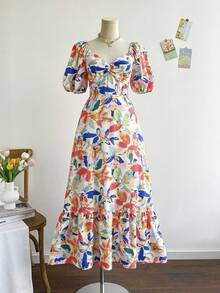 Soleia 女士彩色花卉印花泡泡袖 V 领荷叶边下摆浪漫长裙，适合婚礼、毕业典礼、返校派对、休闲单身派对、复古夏季、橙色热带印花长裙 - 彩色 - 查看 3