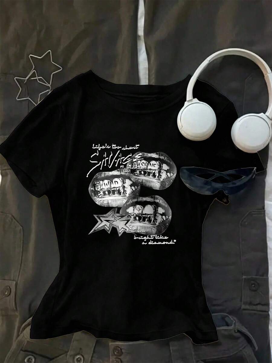 Sparklyn 适合青少年女孩的宽松图案T恤，适合夏季 - 黑色 - 查看 1