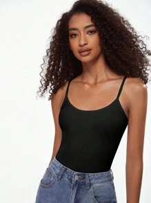 SHEIN BASICS 女款純色細肩帶背心上衣 簡約時尚日常休閒上衣 黑色 - 黑色 - 查看 6