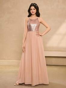 Vestido elegante de niña con flores para boda, para adolescentes, todas las estaciones - Vestido sin mangas con lentejuelas para mediados/largos, vestido de princesa elegante para niñas antes de los exámenes - Rosa - Ver 3