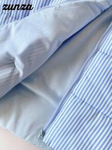 少女棉袄，休闲百搭，蓝白条纹短款棉袄，秋冬 - 藍色 - 查看 5