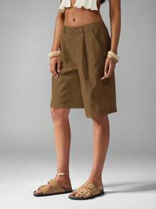 MISSGUIDED Bermuda Tailored Walking Shorts Casual Wide Leg High Waist Linen Feel Resort Wear Summer Autumn Spring Vacation Beach Bottoms - Brown - View 7