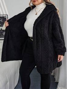 SHEIN CURVE+ Áo khoác hoodie len pha trộn họa tiết màu đen cỡ lớn dành cho nữ, dành cho mùa đông/thu/đông - màu đen - Xem 13