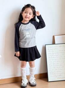 Zikori Zikori Young Girls' Casual Animal Pattern Color-Block Long Sleeve T-Shirt