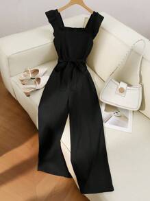 Franclia 女式春夏方领荷叶边盖袖收腰高腰系带蝴蝶结连体裤，修身 - 黑色 - 查看 5