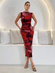 Lavishia 红色抽象印花无袖紧身腰连衣裙，适合夏季 - 彩色 - 查看 4