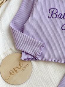 SHEIN 女宝宝可爱刺绣字母图案紫色针织长袖上衣和裤子套装 - 紫色 - 查看 6