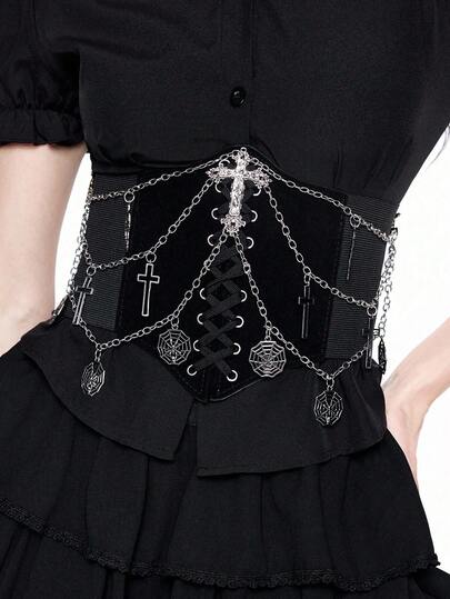 Grunge Punk 1pc Women's Black Velvet Fabric Chain Skull Cross Spider Web Decor Accessories, Dark Style Elastic Waist Belt Dress Accessory, Daily Atmosphere Waist Cincher