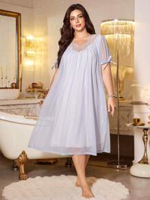 LuxeNights 大码浪漫网眼刺绣领荷叶边袖蝴蝶结睡袍，Moo Moo - 藍色 - 查看 4