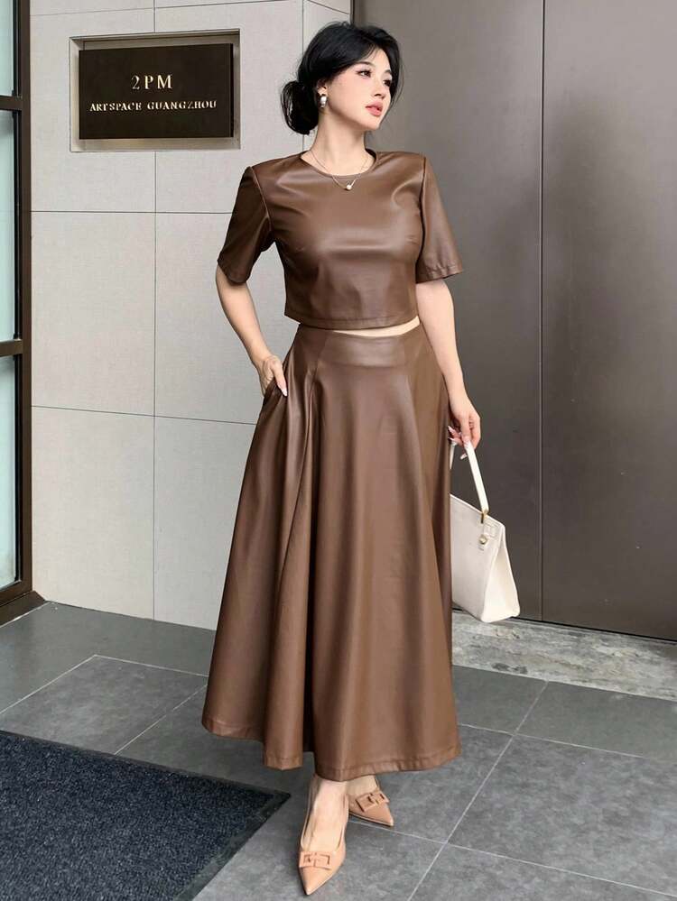 DAZY 2pcs/Set Women Solid Color PU Crew Neck Top And Skirt - Brown - View 6