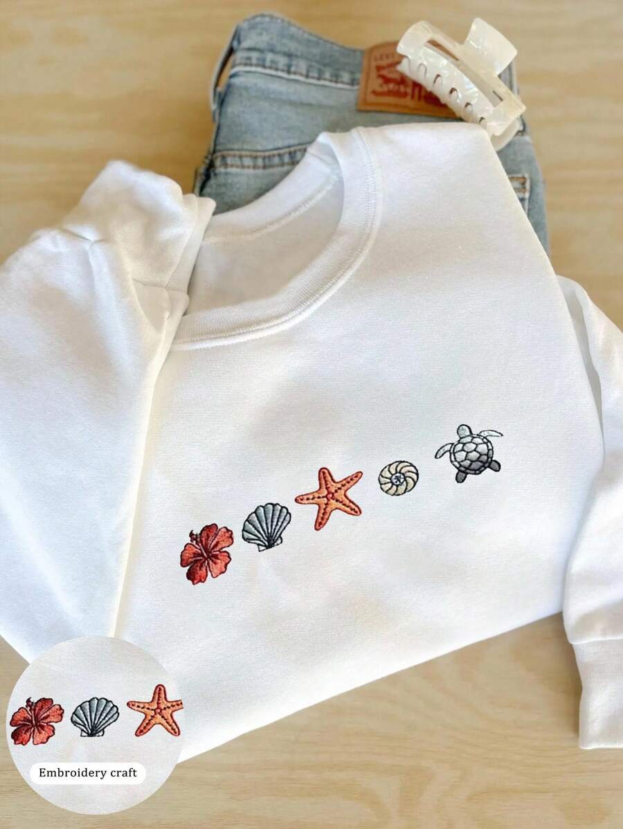 INAWLY 刺绣圆领运动衫，简约海滩运动衫，航海风格夏季，沿海海洋爱好者，冲浪风格度假礼物刺绣图案运动衫女式套头衫秋季