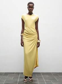 Lumivelle Women's Solid Color Round Neck High Waist Knot Design Summer Dress Cream Yellow Preppy Style - Yellow - View 3