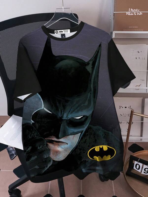 BATMAN X SHEIN 青少年男孩夏季休闲人物图案圆领短袖T恤