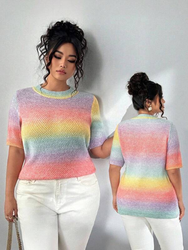 Elenzga Jersey casual de cuello redondo con diseño de degradado multicolor arcoíris, de punto, holgado y estilizador, talla grande, conjunto de vacaciones de verano para mujer