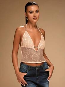 SHEIN BAE Áo hở lưng sequin gợi cảm cho nữ, mùa hè - Màu Khaki - Xem 8