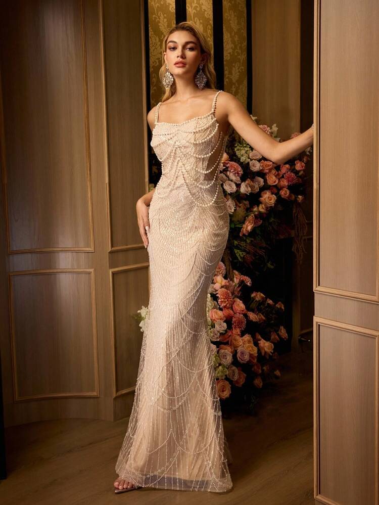 MOTF Soiréza ELEGANT BEADED MERMAID HEM MAXI EVENING GOWN WITH PEARL CHAINS & BACK TIE-UP - PERFECT FOR FORMAL PARTIES AND WEDDINGS